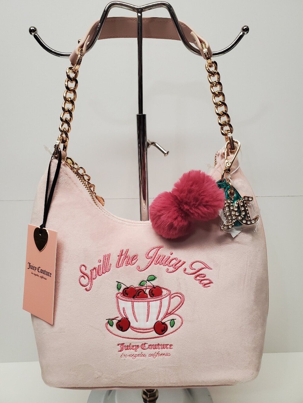 Juicy Couture Light Pink Embroidered 'Spill the Juicy Tea' Shoulder Bag